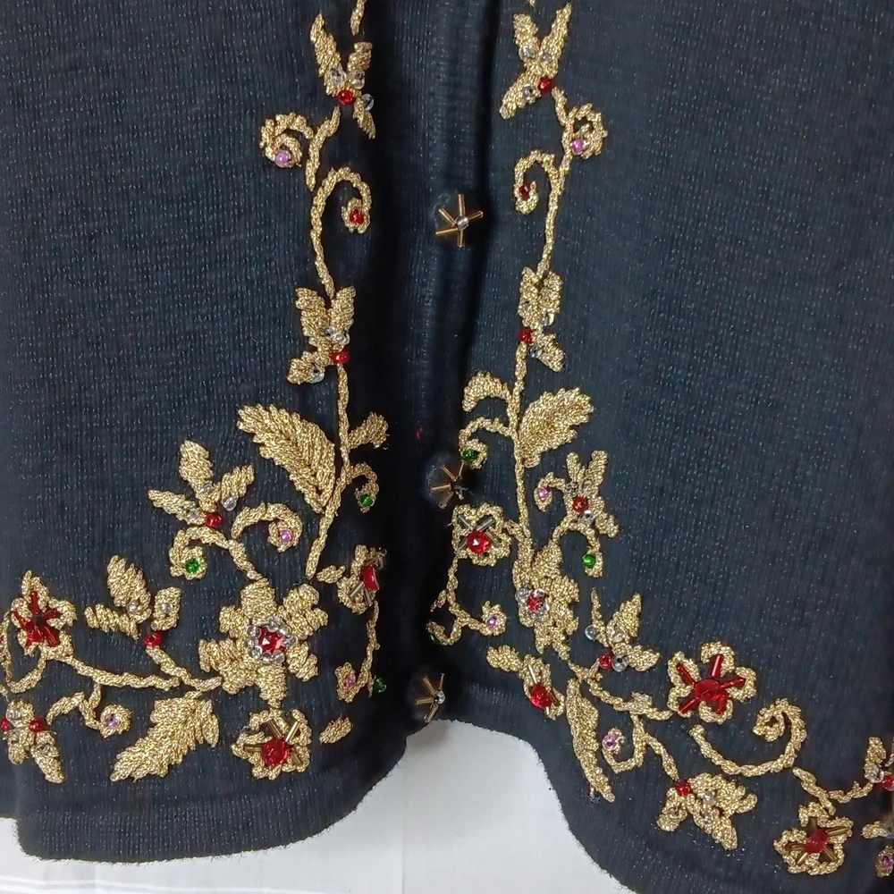 Arriviste Woman Black Cardigan Sweater w/ Shiny Gold Embroidery & Beads Size XXL